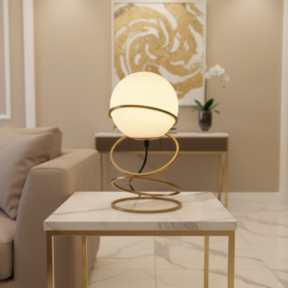 LumaOrb™ – Matte Gold Spiral Globe Table Lamp | Modern Warm Glow for Living Spaces