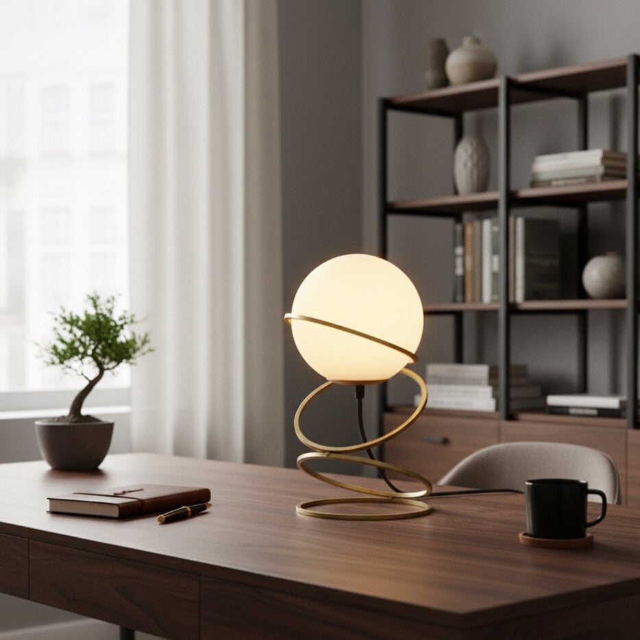 LumaOrb™ – Matte Gold Spiral Globe Table Lamp | Modern Warm Glow for Living Spaces