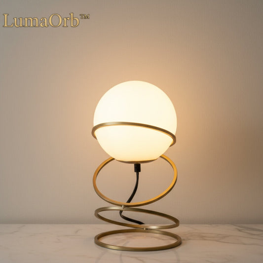 LumaOrb™ – Matte Gold Spiral Globe Table Lamp | Modern Warm Glow for Living Spaces