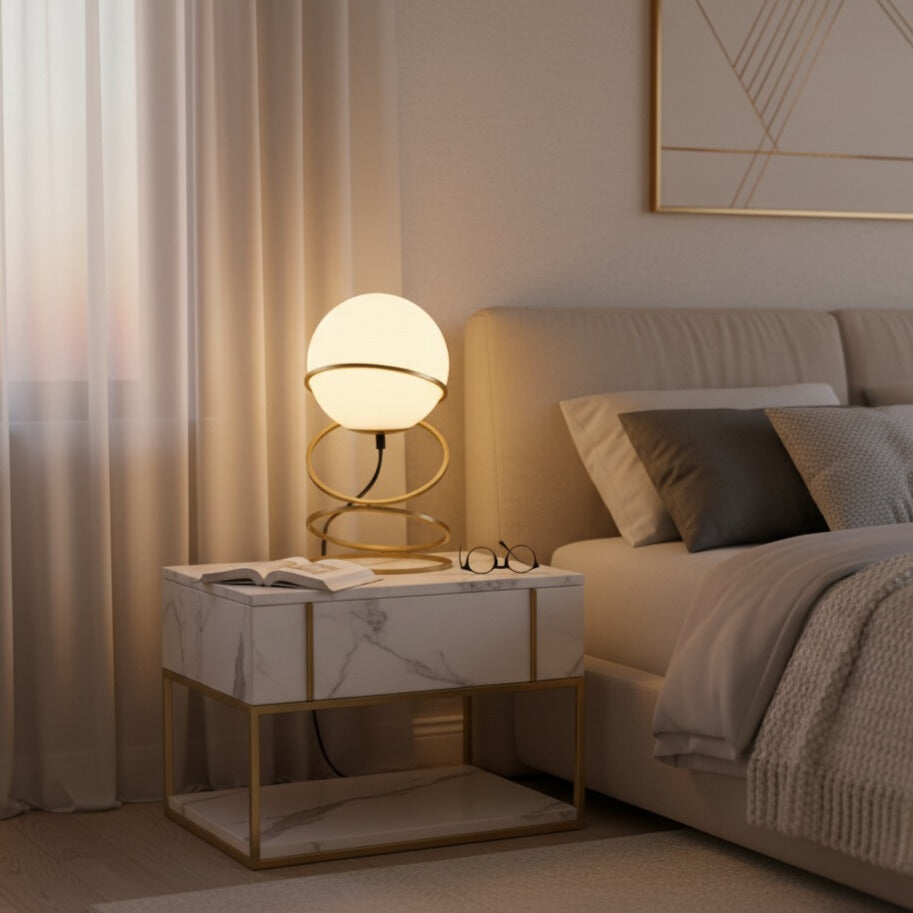 LumaOrb™ – Matte Gold Spiral Globe Table Lamp | Modern Warm Glow for Living Spaces