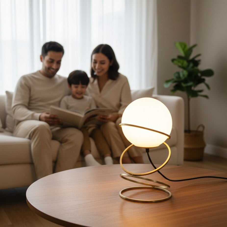 LumaOrb™ – Matte Gold Spiral Globe Table Lamp | Modern Warm Glow for Living Spaces